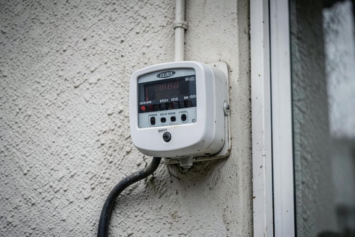 A residential electricity meter mounted on an exterior house wall